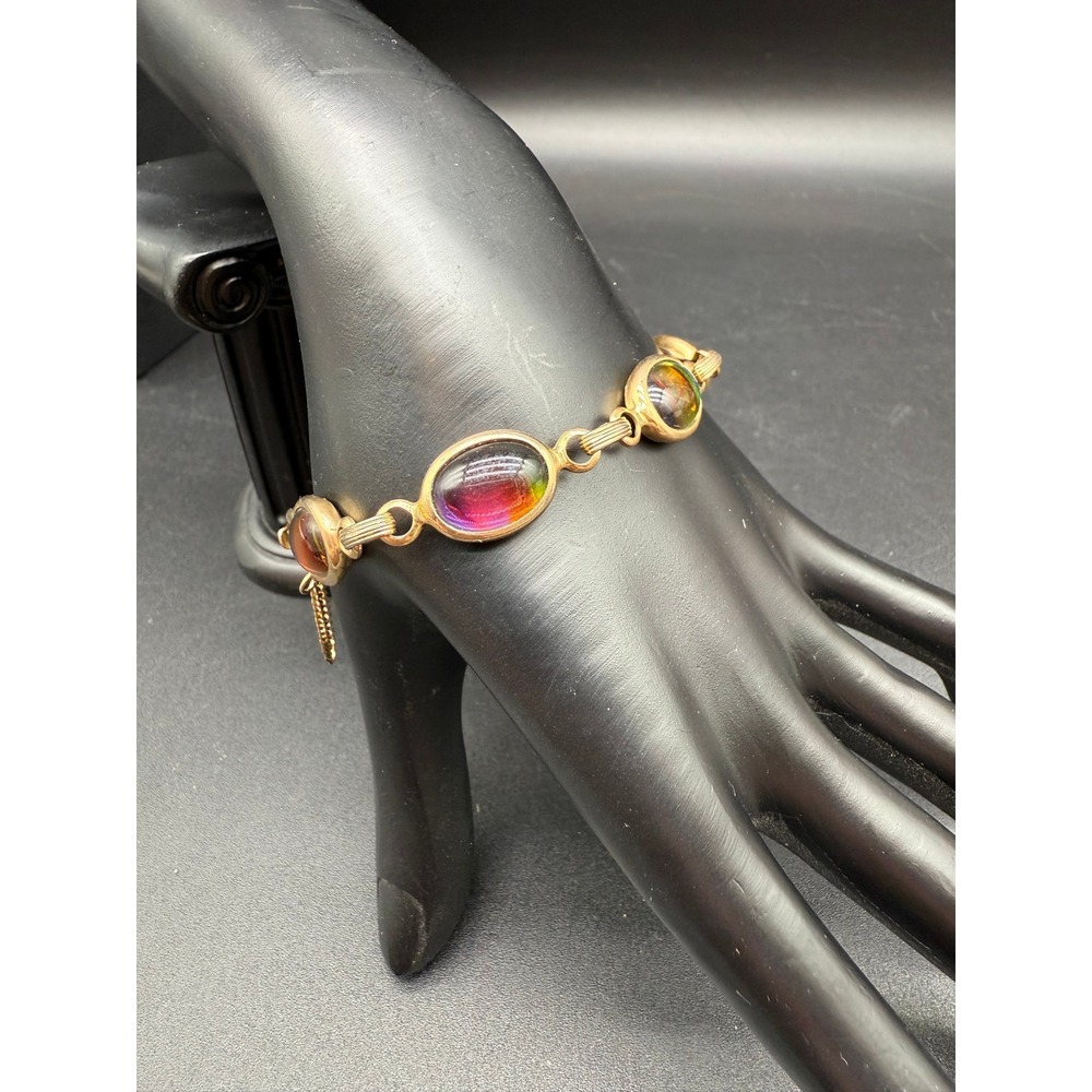 Vintage Sarah Coventry Rainbow Art Glass Cabochon Gold‎ Tone Bracelet